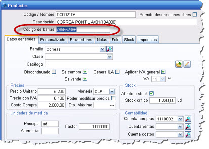Código de Barras en Ficha del Producto