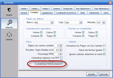 Opciones Contabilidad Multimoneda