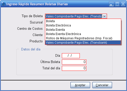 Vales Transbank, Ingreso Resumen Diario