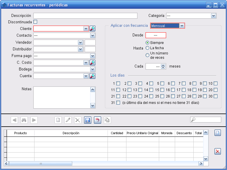 Pantalla Facturas Recurrentes