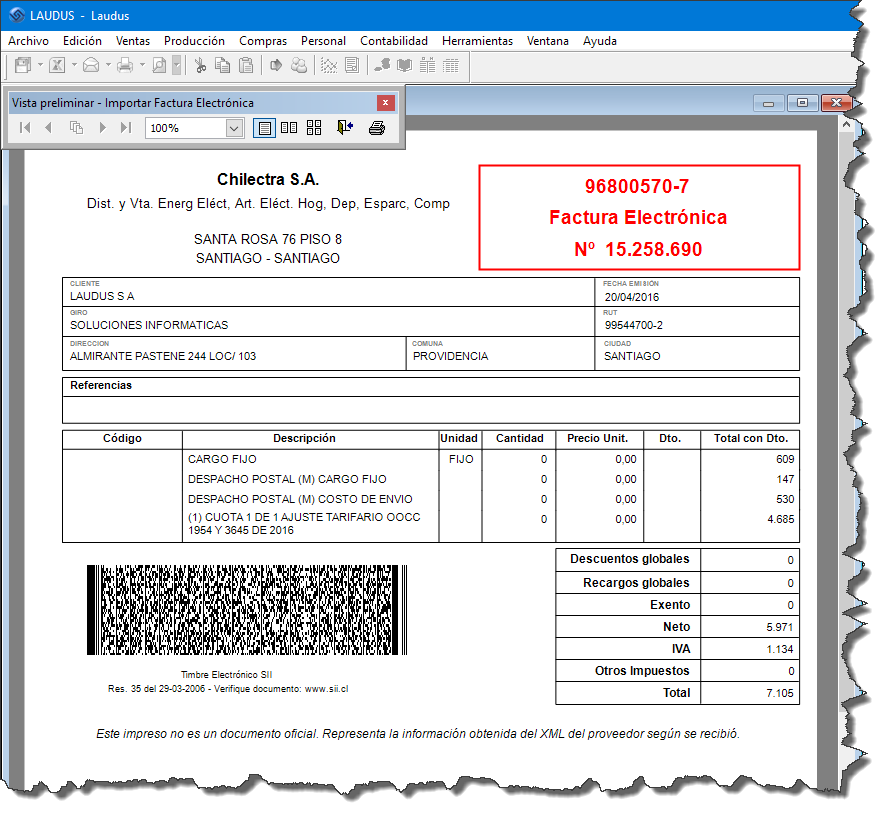 Factura Electrónica Impresa - Vista preliminar