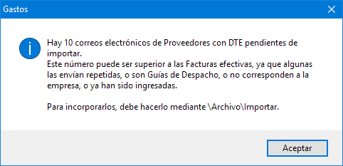 Mensaje importar DTE ERP