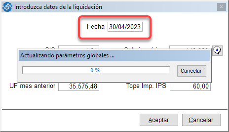 Actualización datos liquidación, pantalla inicial